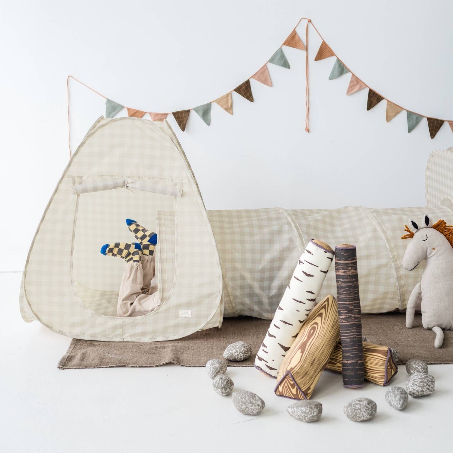 3-in-1 Play Tent & Tunnel Set || Gingham Beige