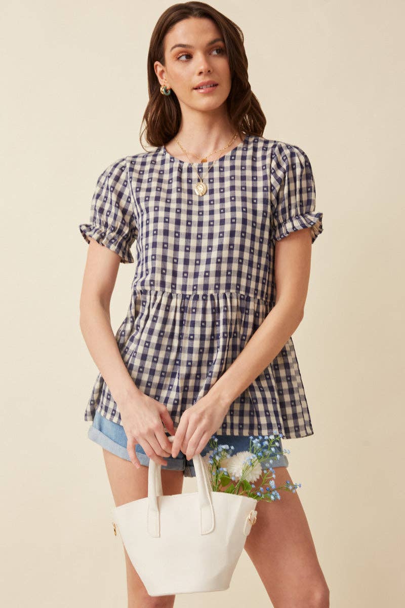 Navy Gingham Peplum Top