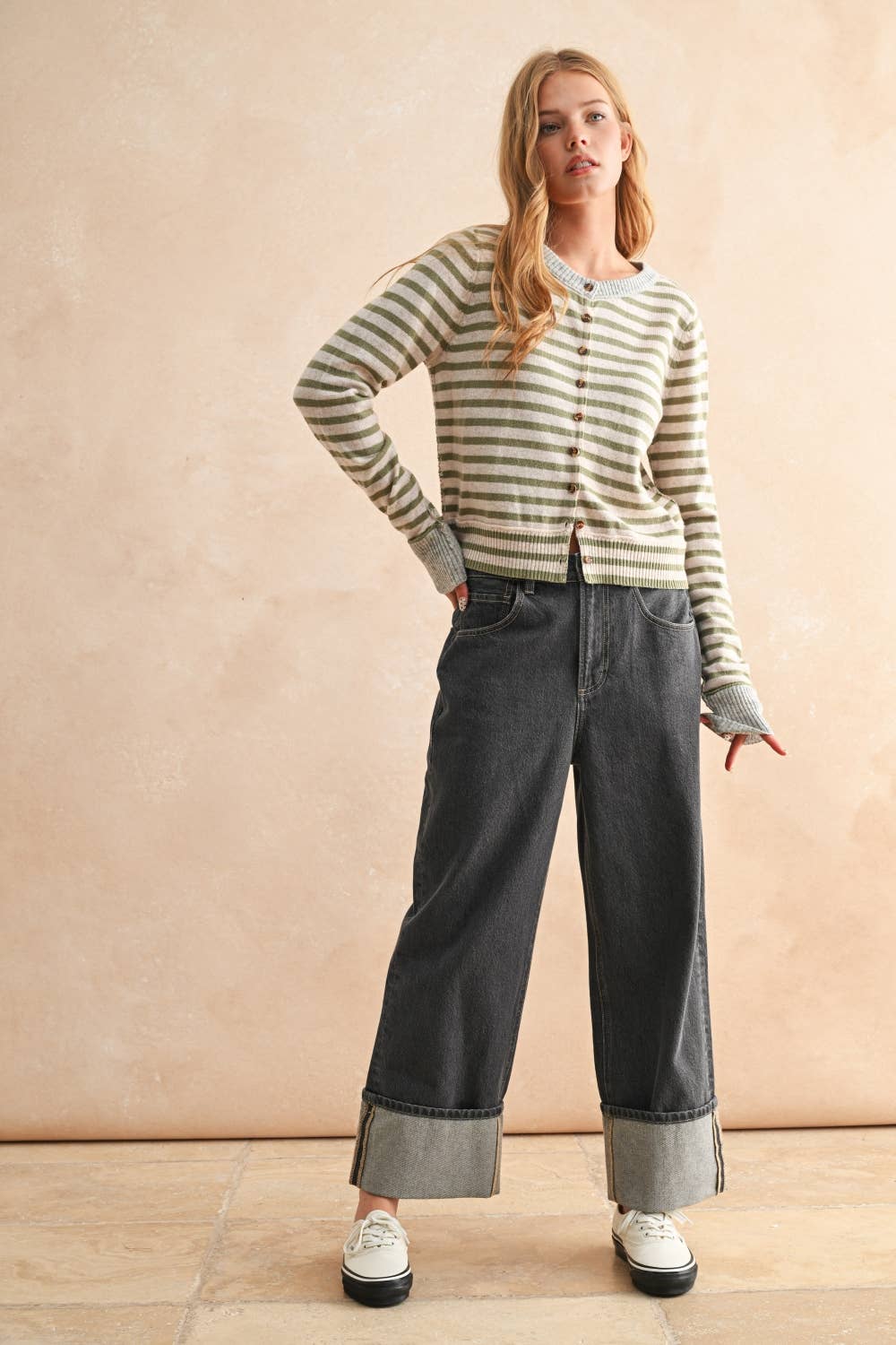Opal Striped Button Cardigan || Olive/Gray