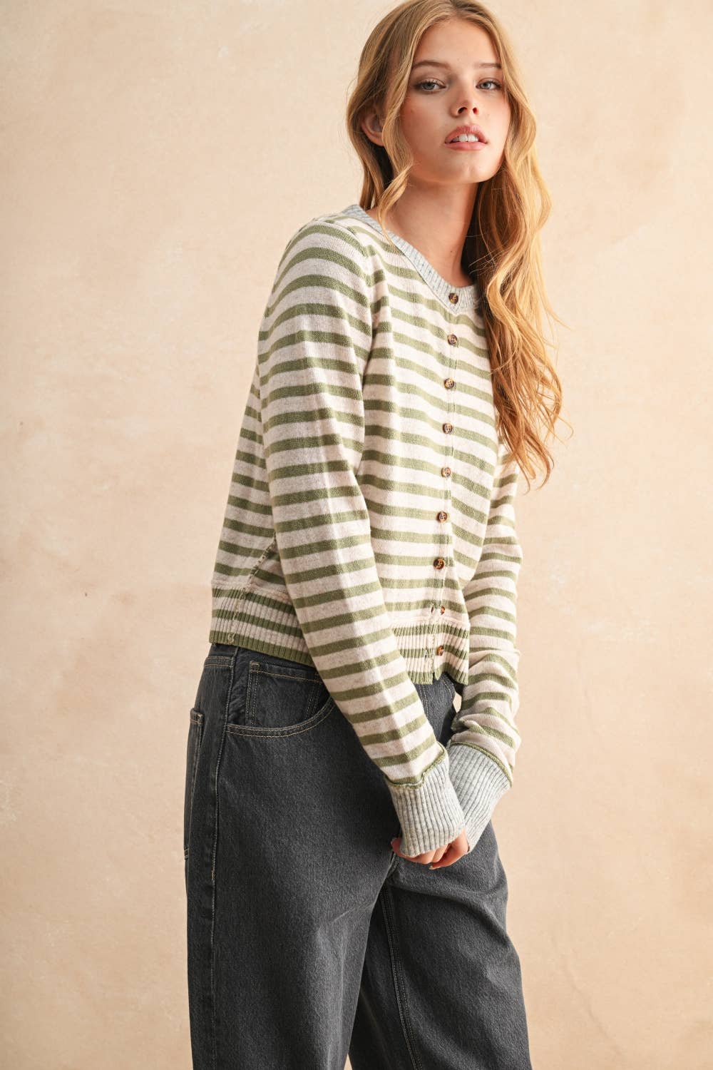 Opal Striped Button Cardigan || Olive/Gray