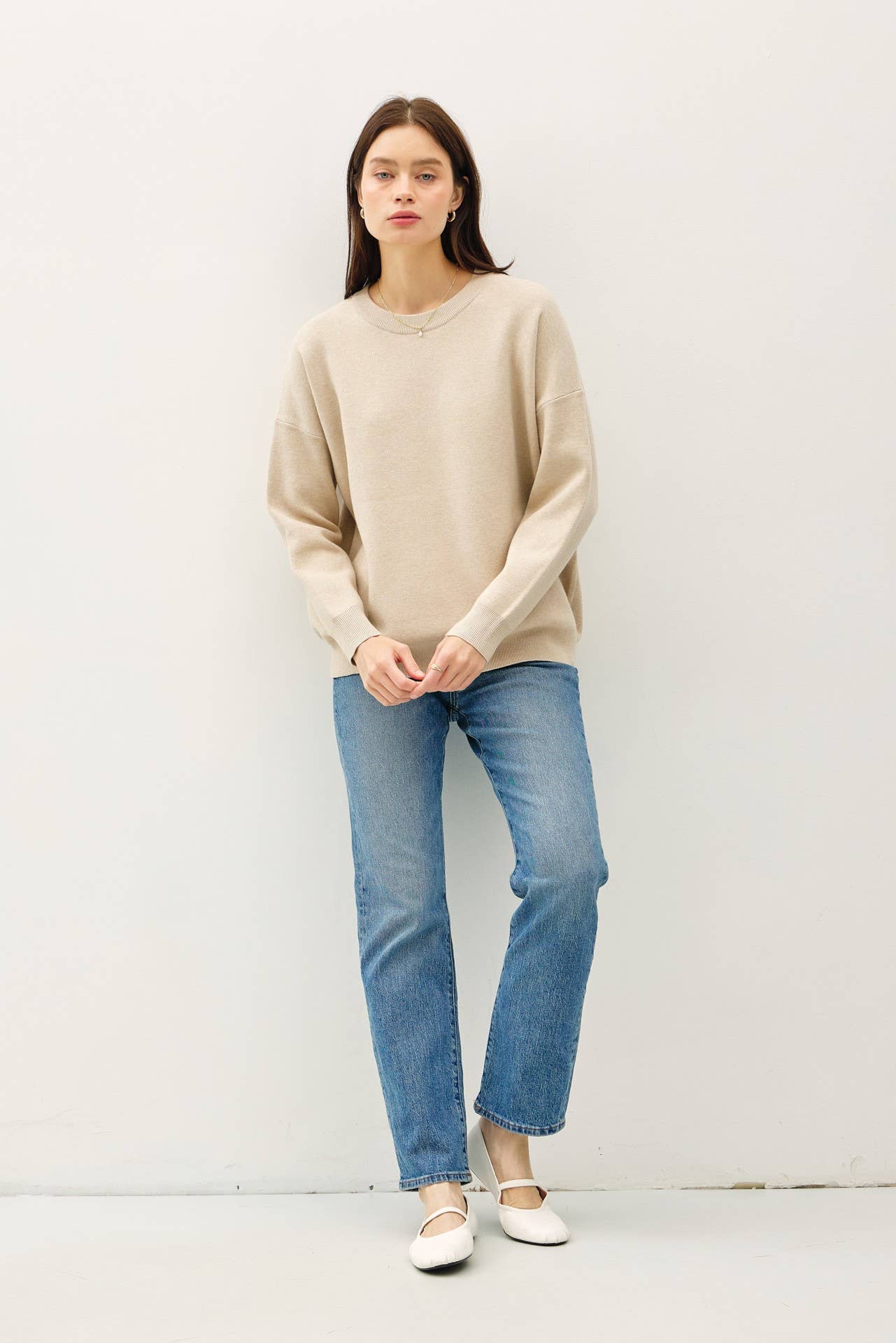 BASIC BLOUSON SLEEVE PULLOVER SWEATER | Cream Beige