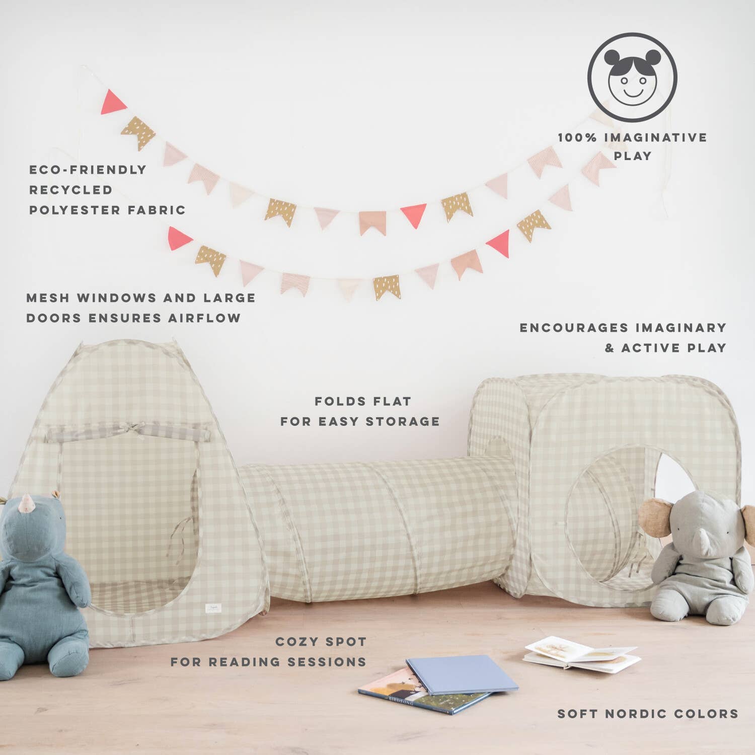 3-in-1 Play Tent & Tunnel Set || Gingham Beige