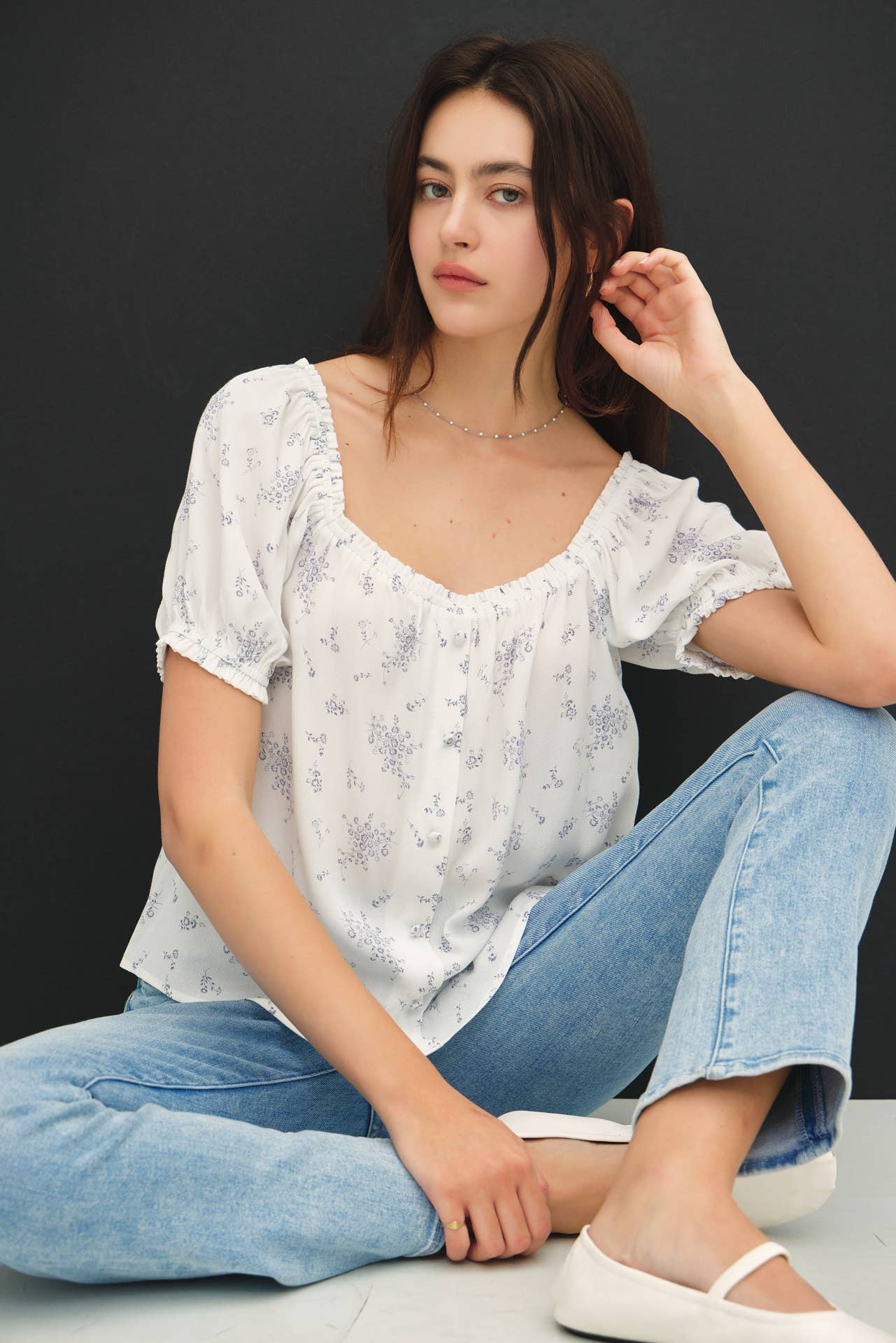 Breezy Bloom Puff Sleeve Button - Up
