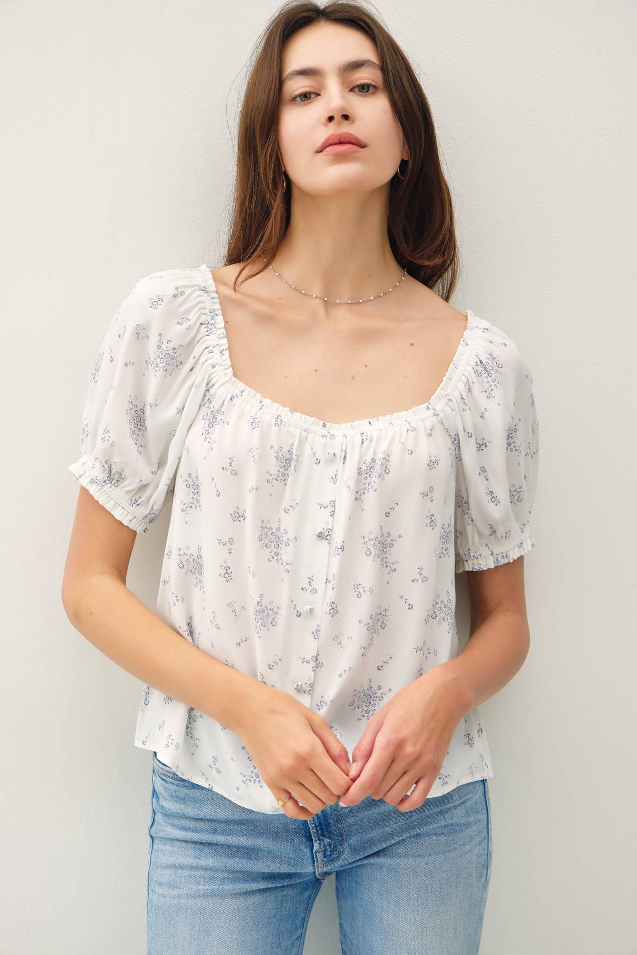 Breezy Bloom Puff Sleeve Button - Up
