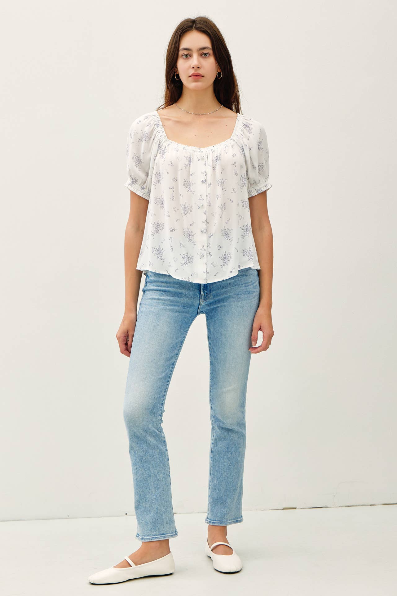 Breezy Bloom Puff Sleeve Button - Up