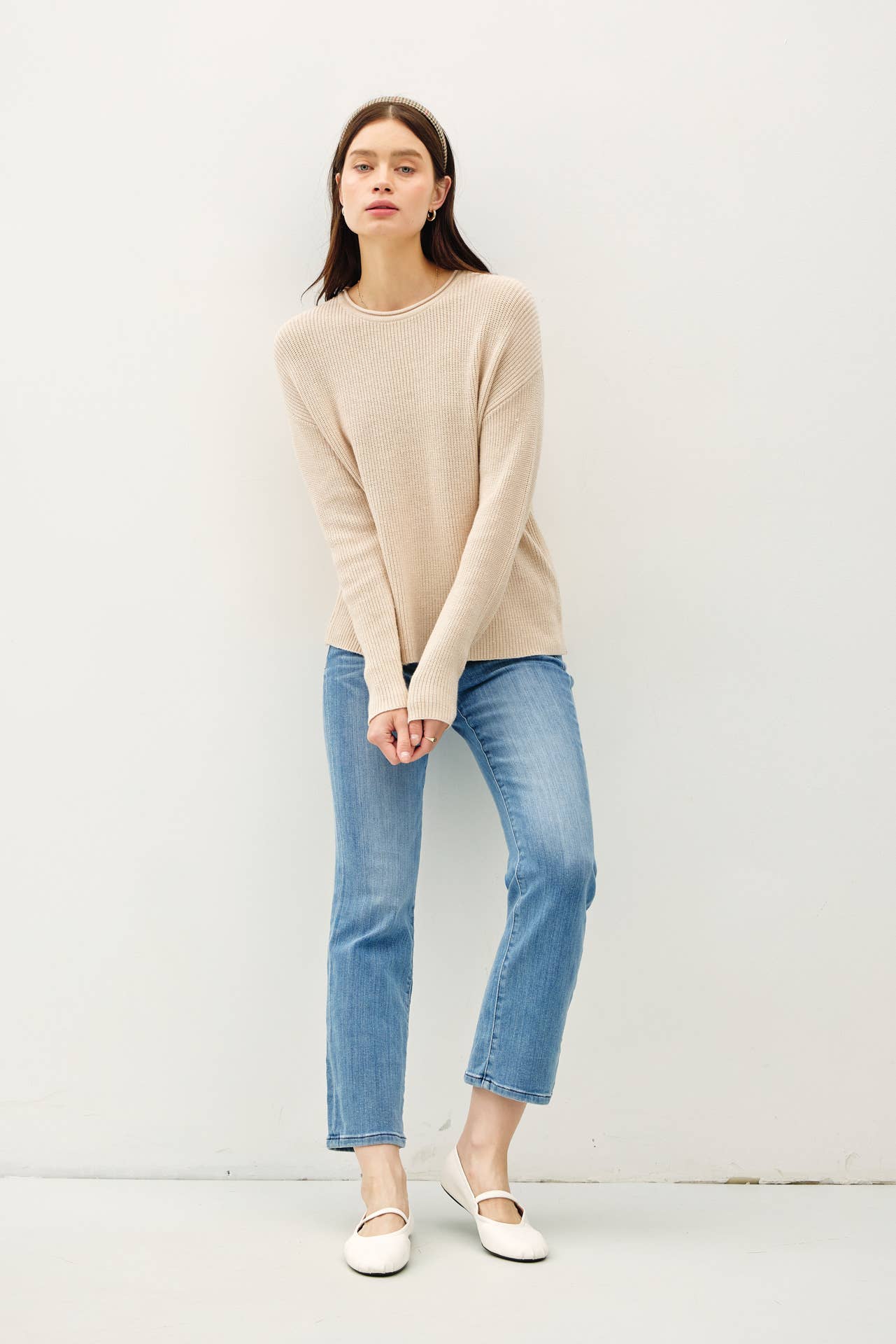 SOFT WAFFLE KNIT RAW HEM SWEATER: Oatmeal