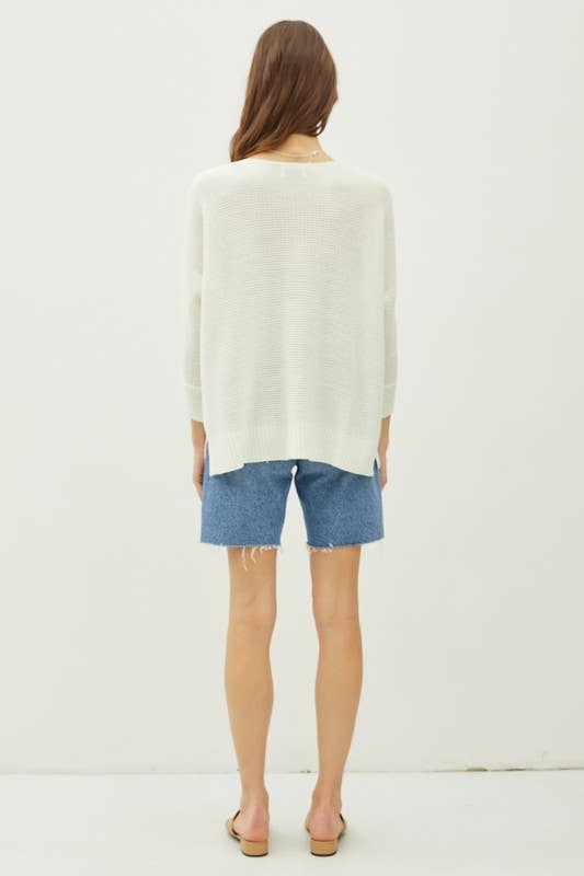 CLASSIC PULLOVER 3/4 SLEEVE KNIT SWEATER | IVORY