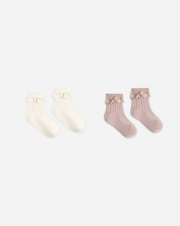 Lace Trim Socks 2-pack || Rosewood, Natural, Rib Knit