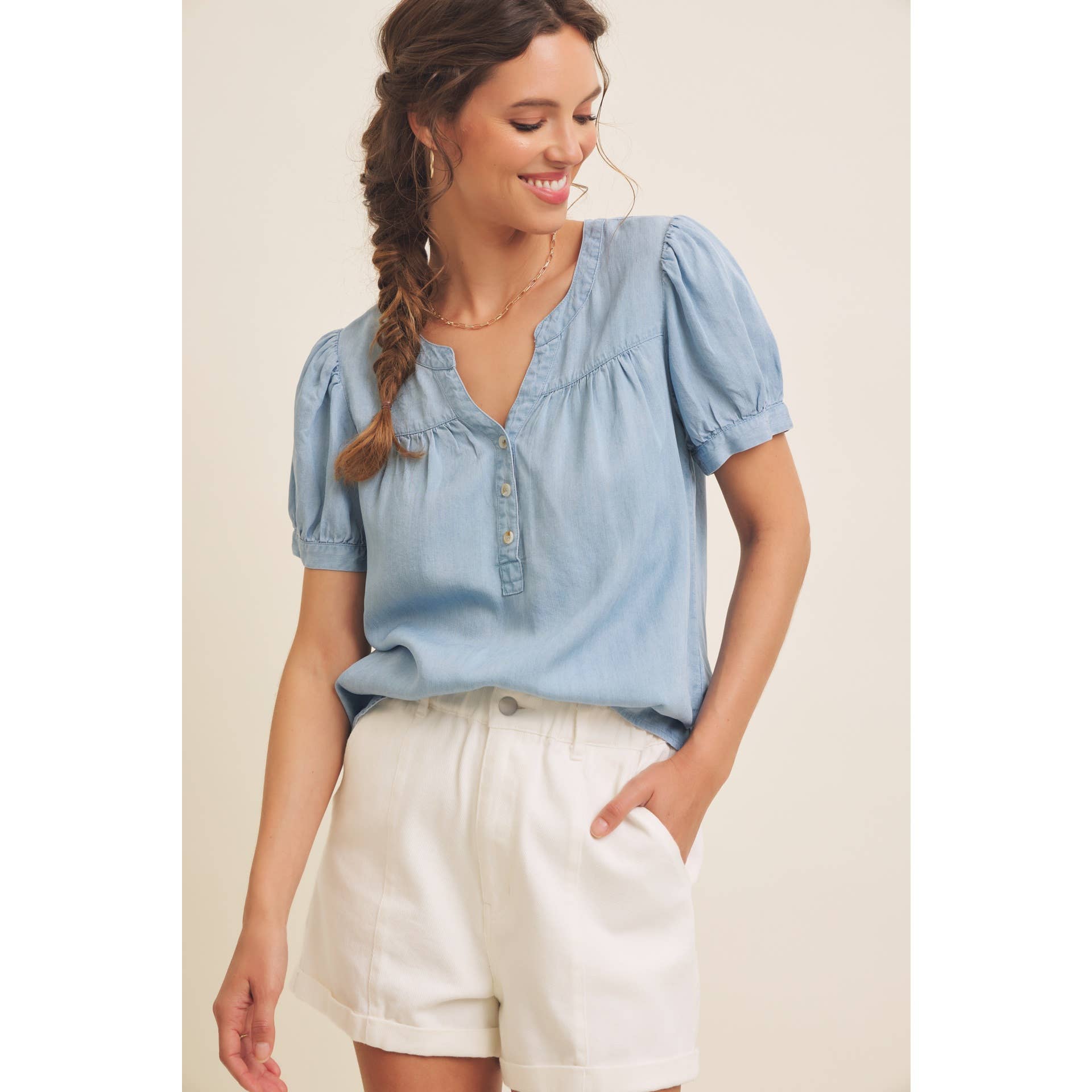 Mineral Washed Tencel Blouse Top with Puff Sleeves