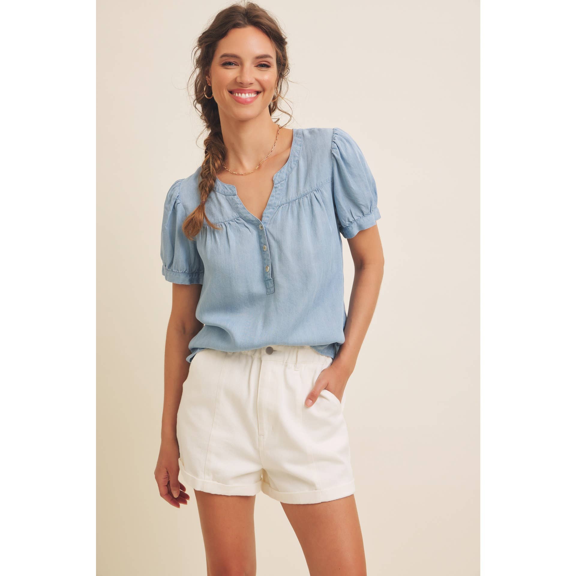 Mineral Washed Tencel Blouse Top with Puff Sleeves