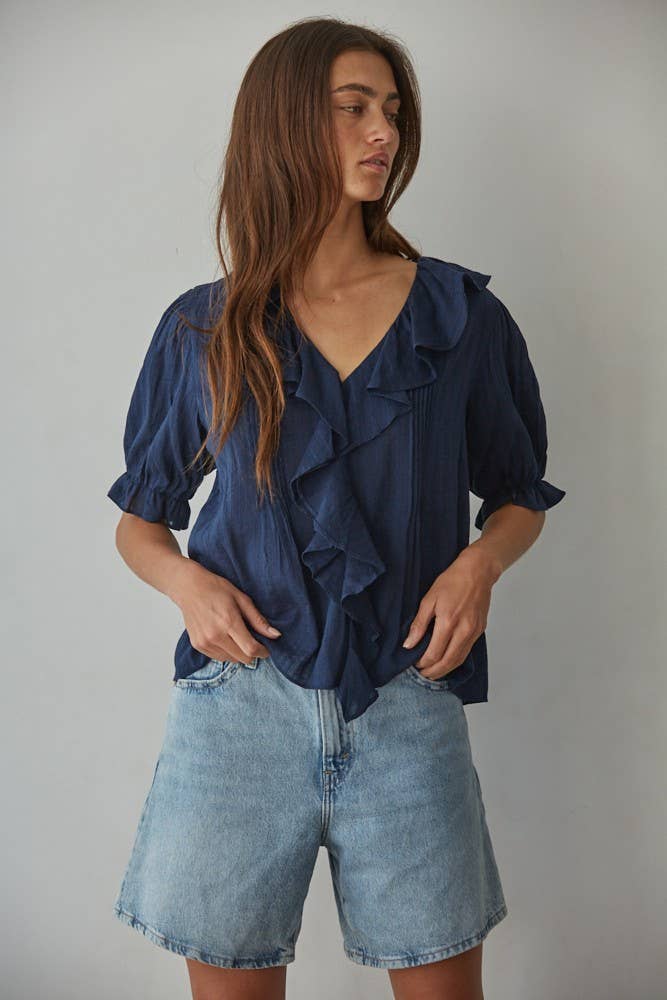 Ruffle Button-down Blouse || Navy