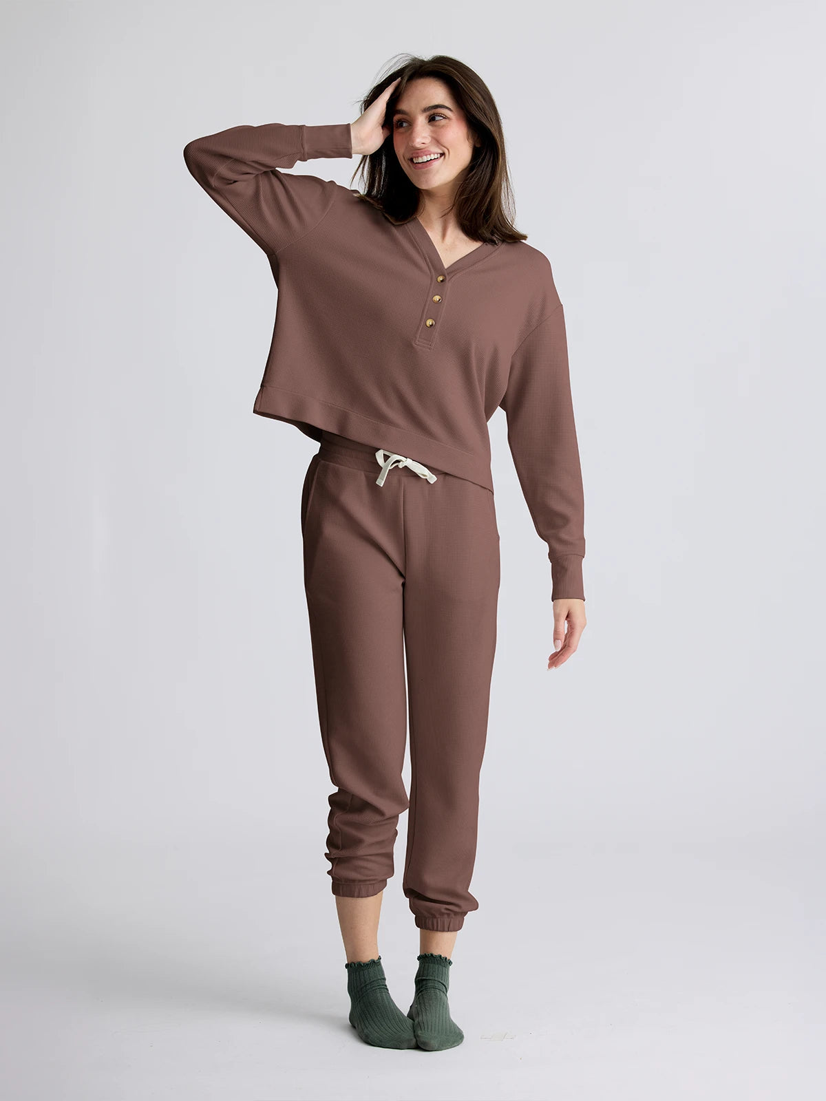 Women's Waffle Long Sleeve Henley || Fig
