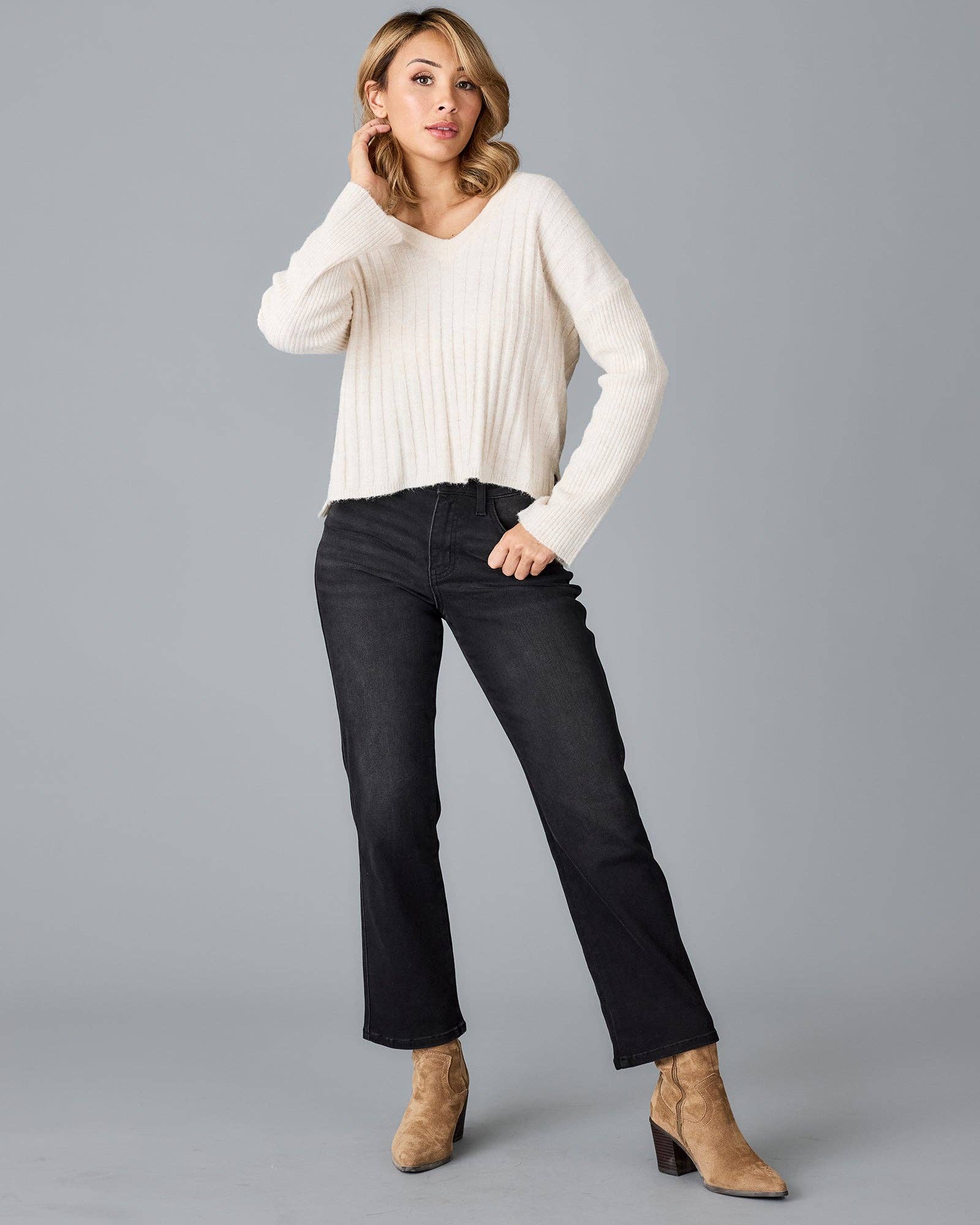 Kaylee V - Neck Sweater | Oatmeal Melange