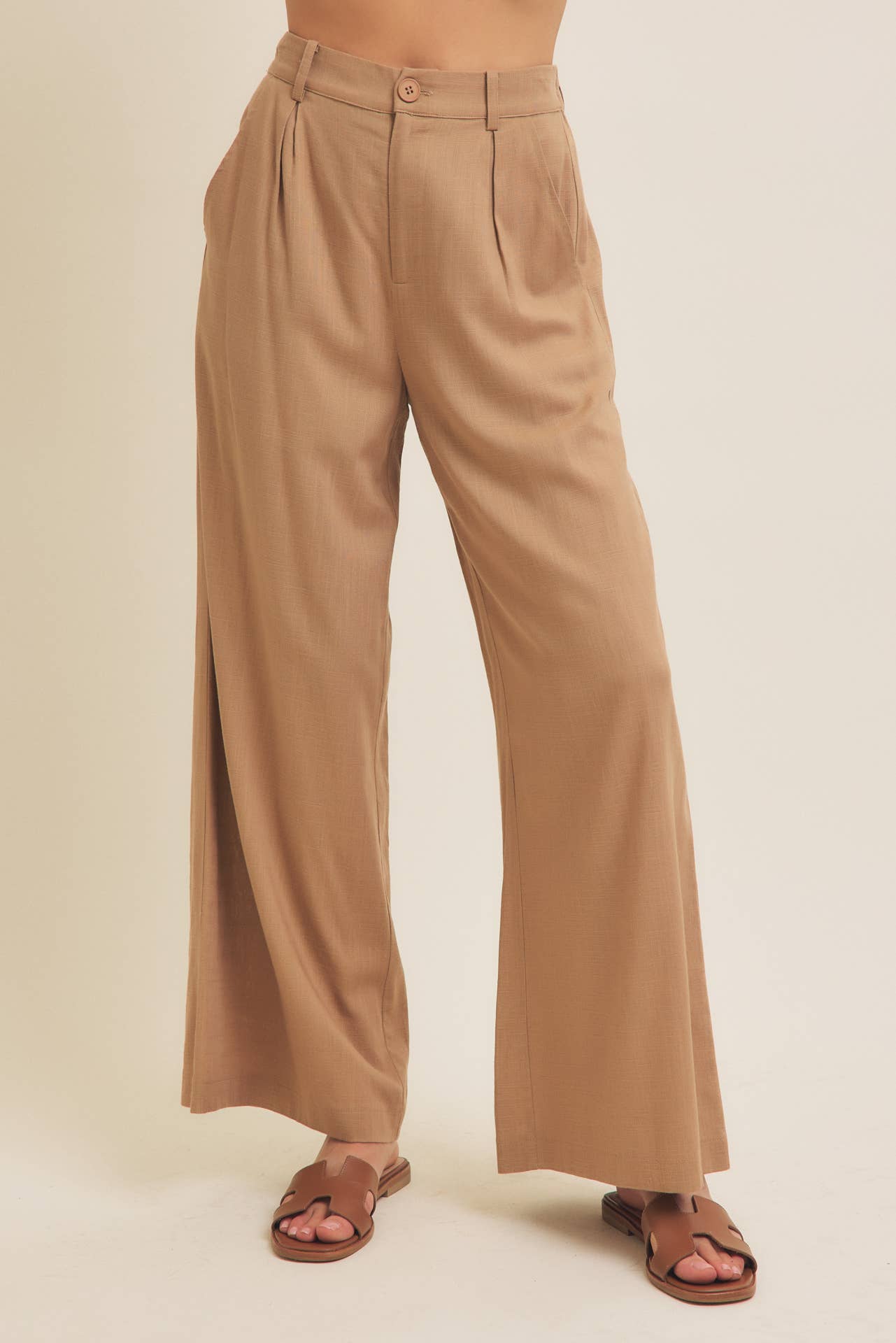 Linen Blend Relaxed Wide - Leg Pants - Caramel