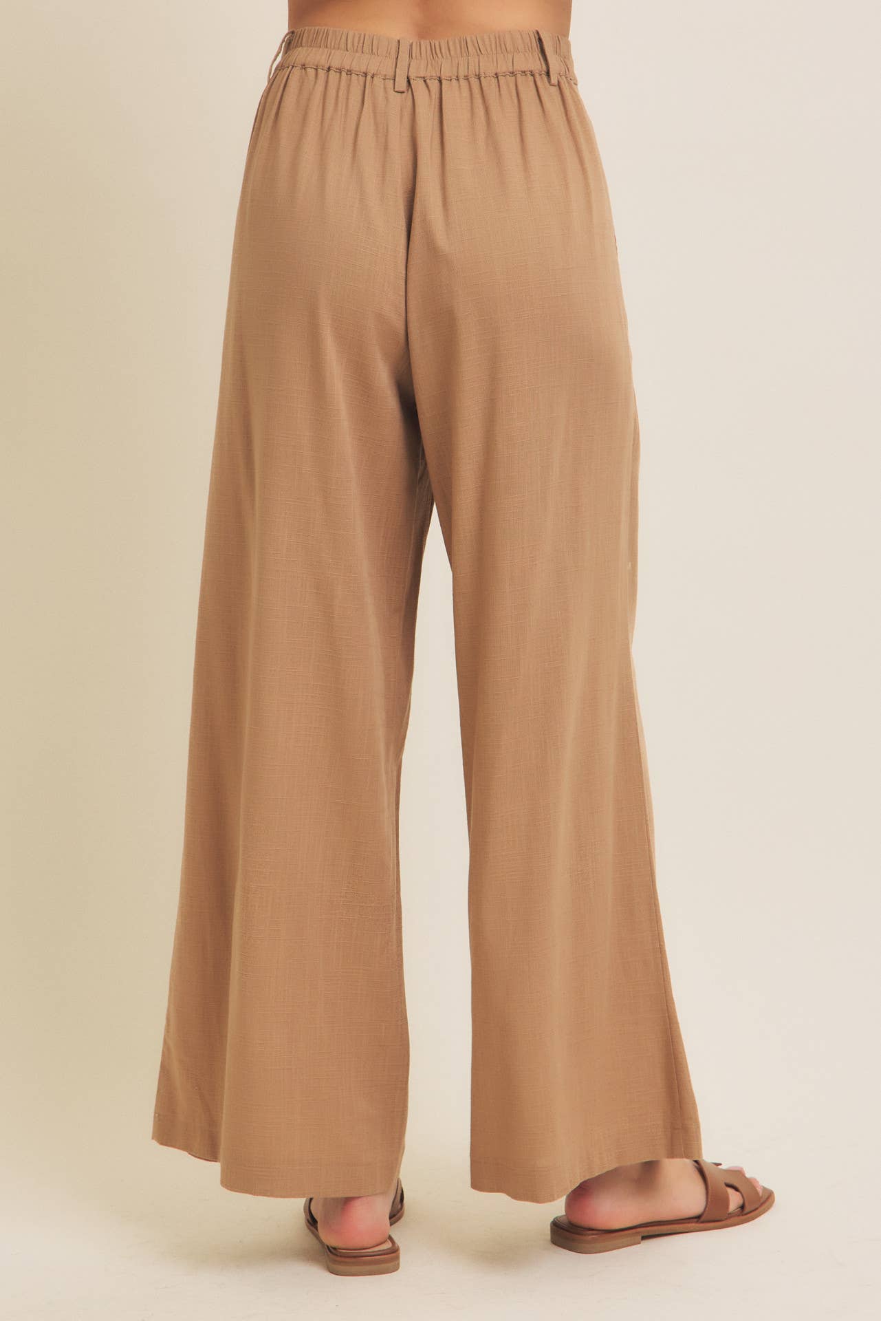 Linen Blend Relaxed Wide - Leg Pants - Caramel