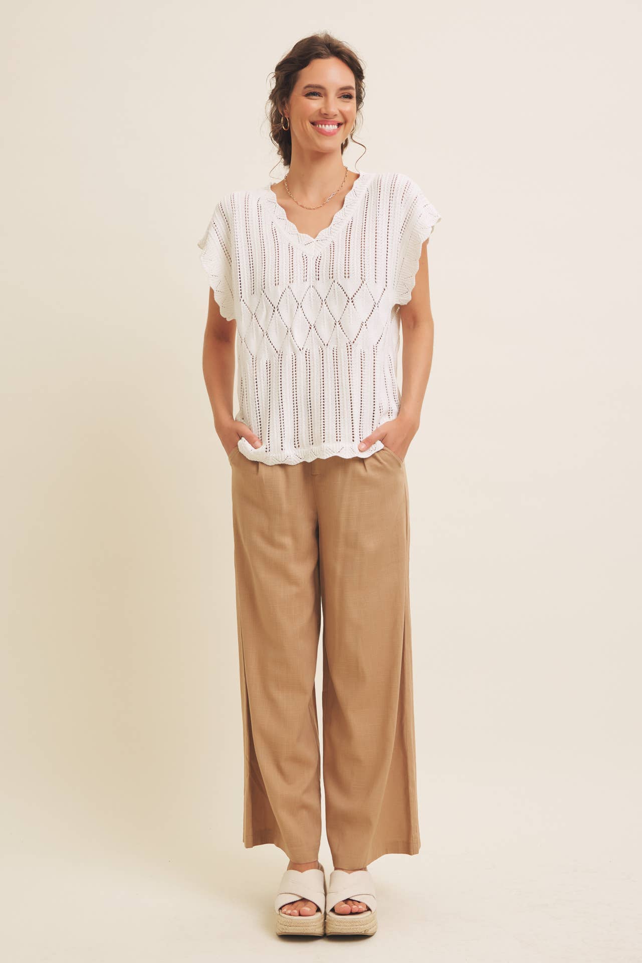 Linen Blend Relaxed Wide - Leg Pants - Caramel