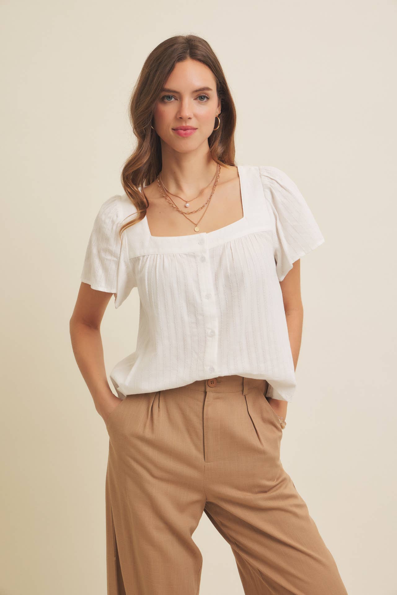 Linen Blend Relaxed Wide - Leg Pants - Caramel