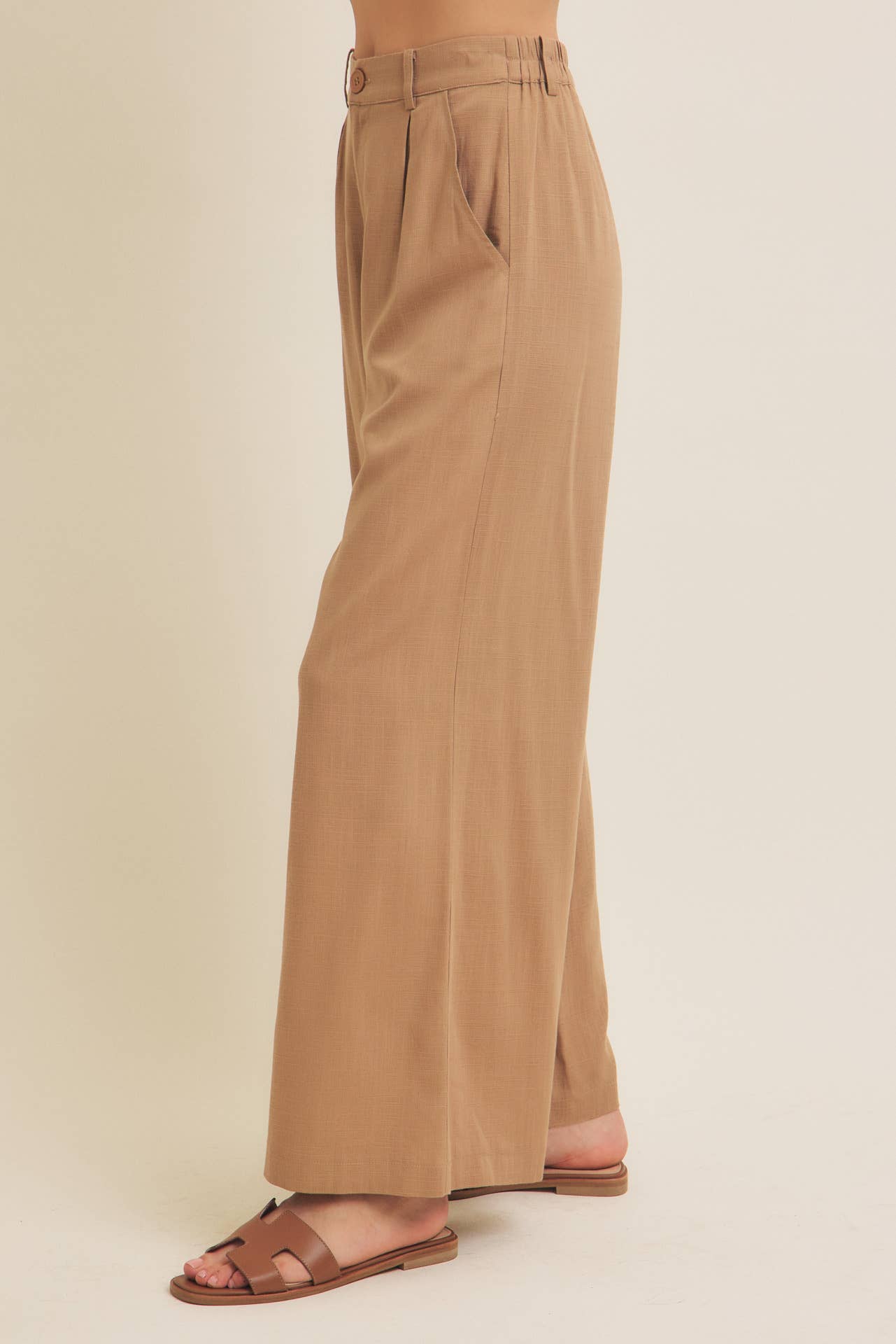 Linen Blend Relaxed Wide - Leg Pants - Caramel