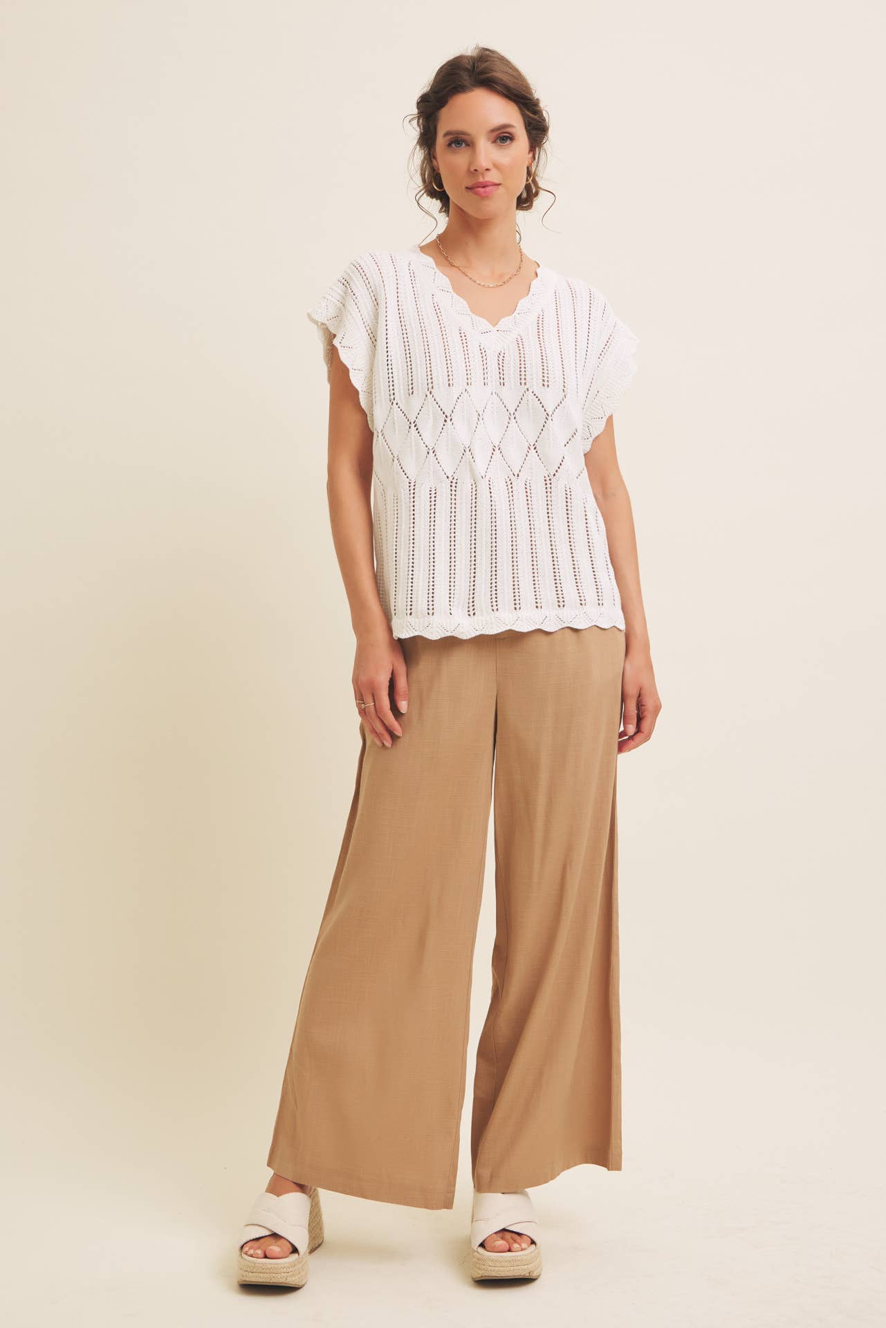 Linen Blend Relaxed Wide - Leg Pants - Caramel