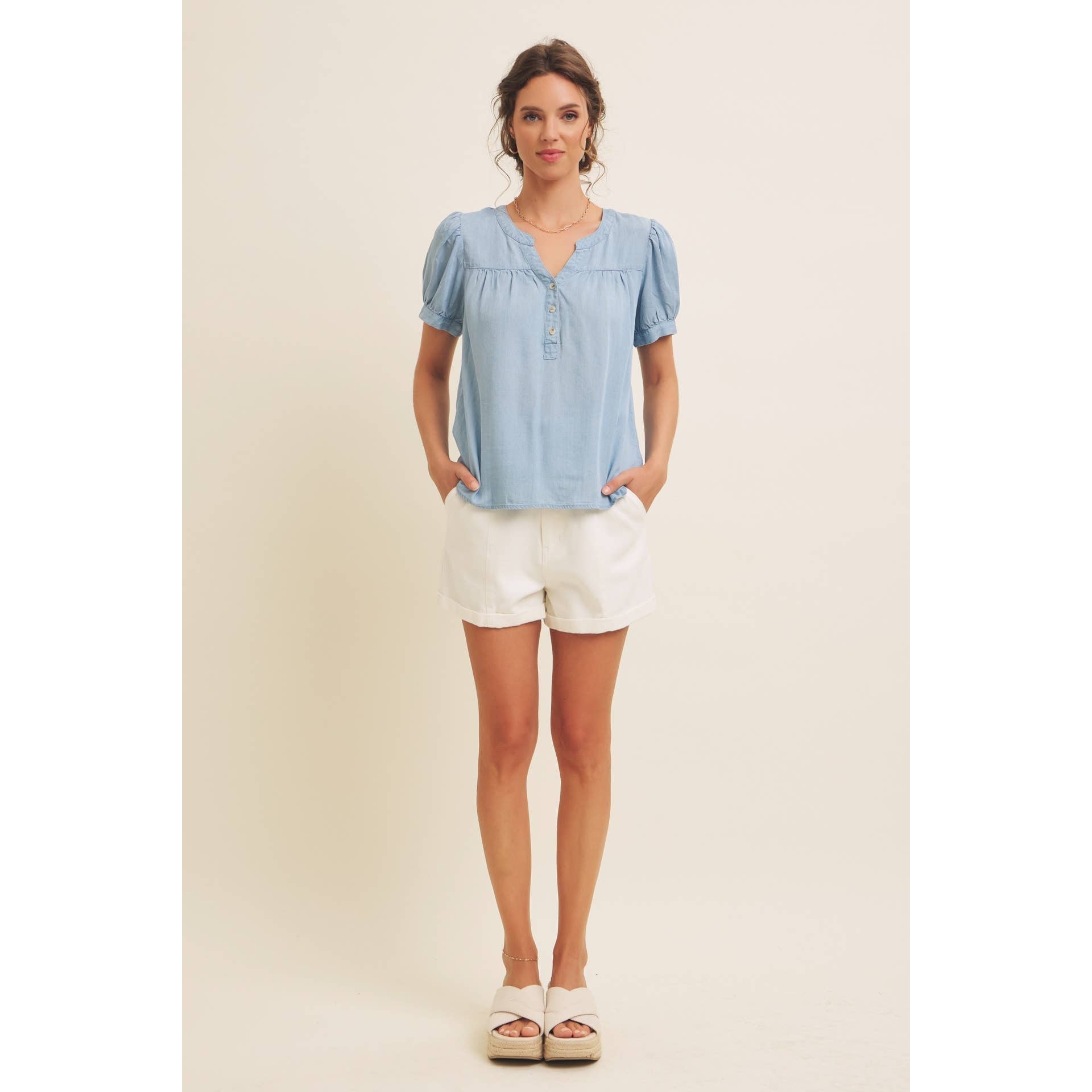 Mineral Washed Tencel Blouse Top with Puff Sleeves