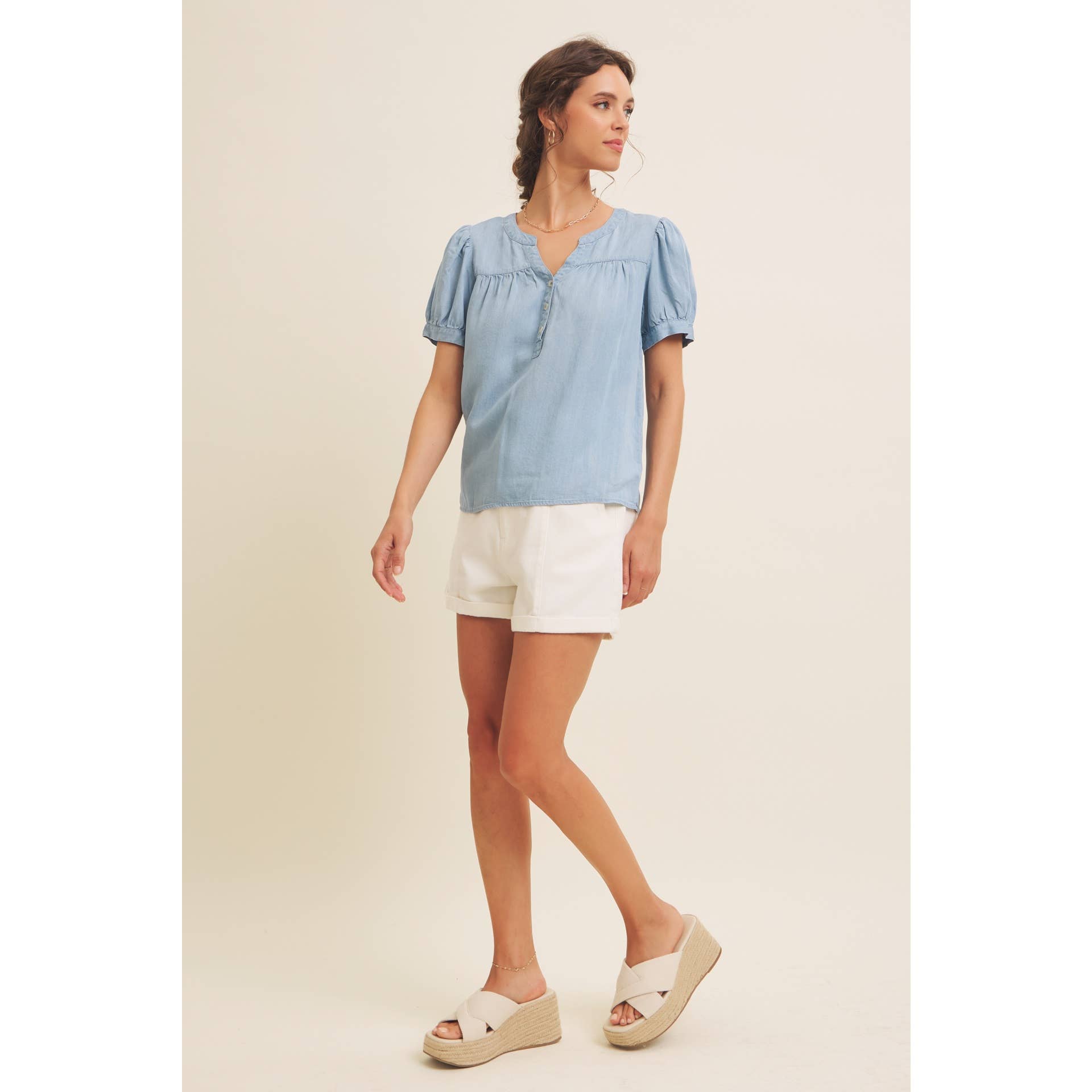 Mineral Washed Tencel Blouse Top with Puff Sleeves