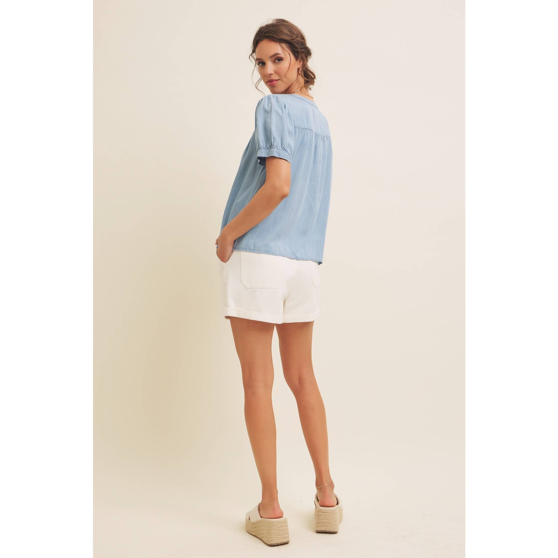 Mineral Washed Tencel Blouse Top with Puff Sleeves