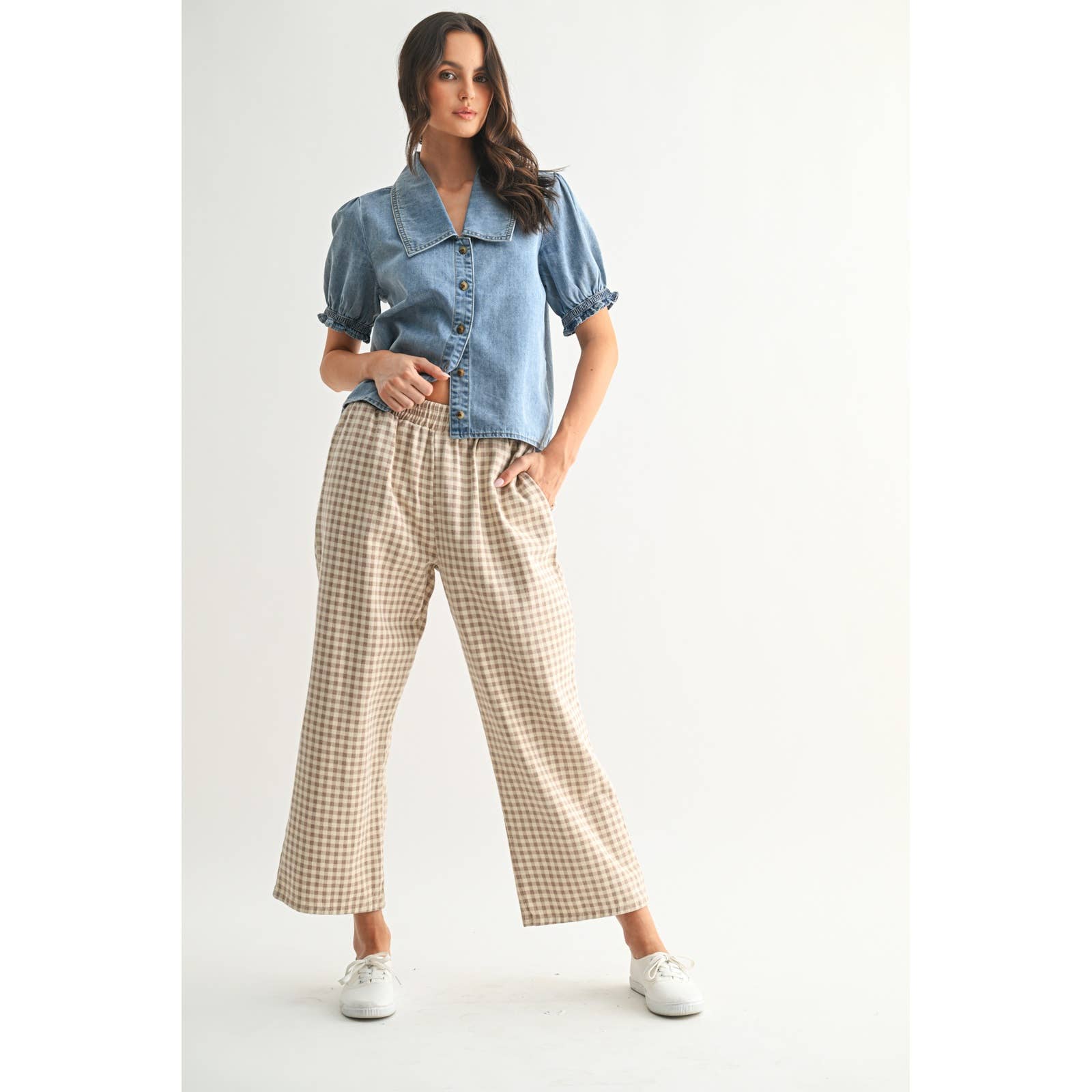 Plaid Pull On Pants || Cream/Taupe