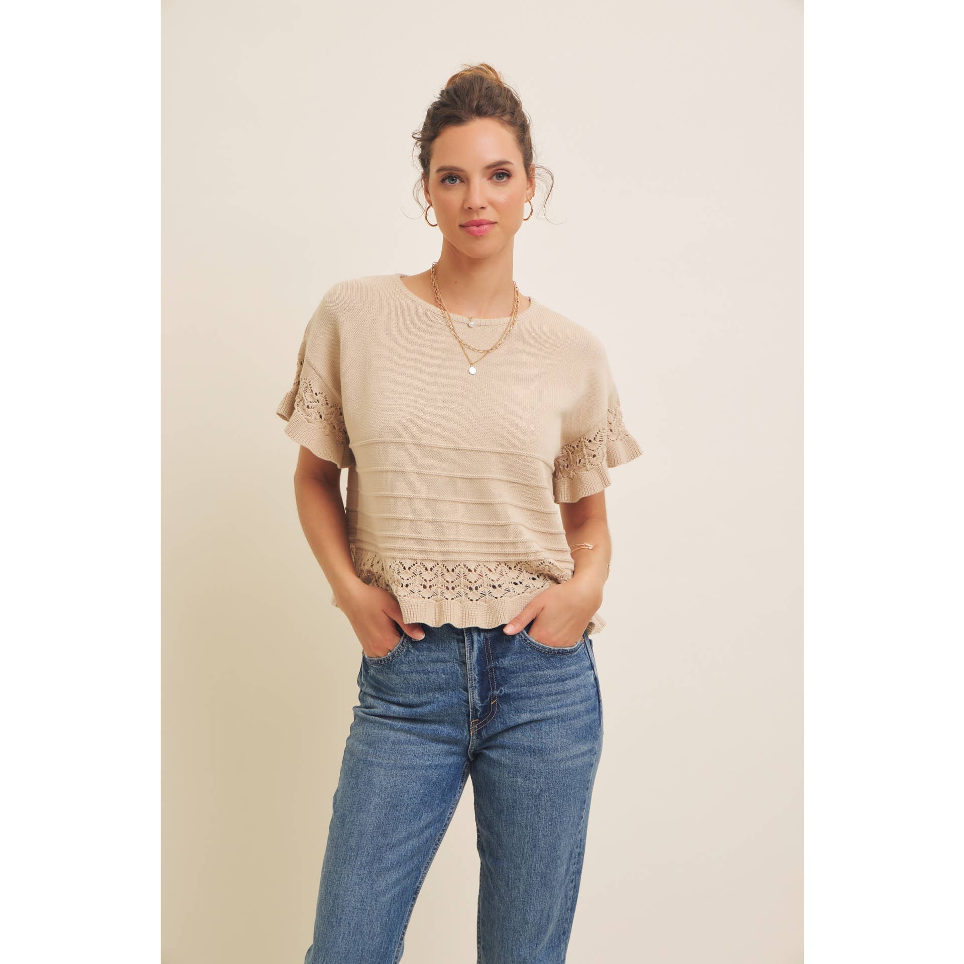 Pointelle Short - Sleeved Ruffle Hem Sweater Top