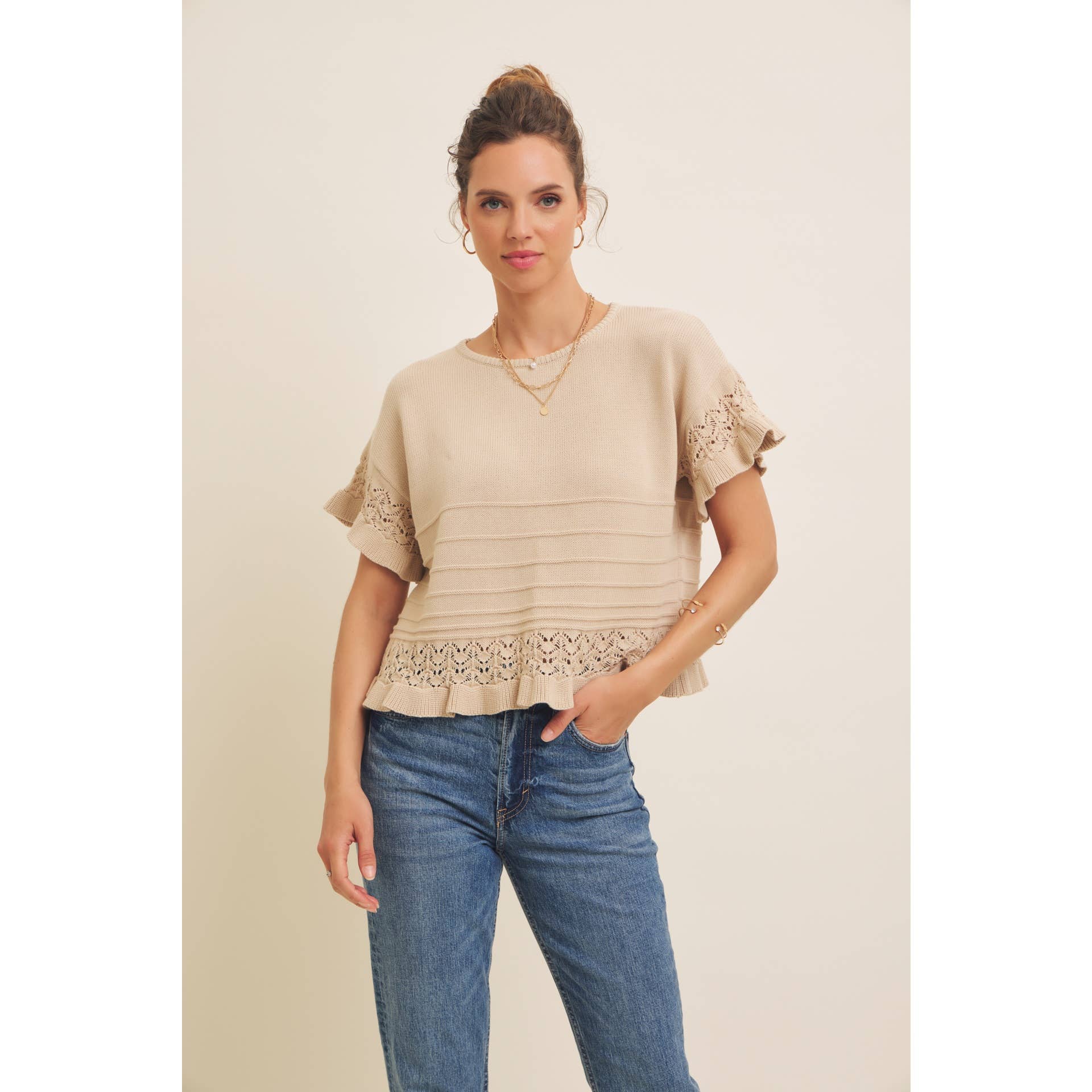 Pointelle Short - Sleeved Ruffle Hem Sweater Top