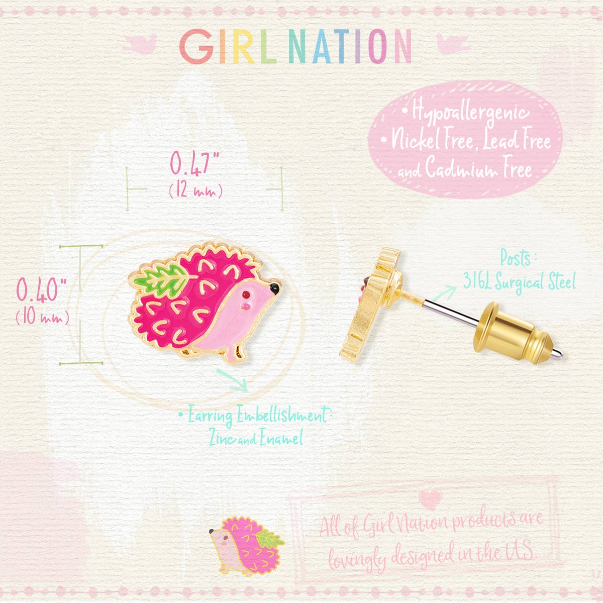 Prickly Pink Hedgehog | Stud Earrings