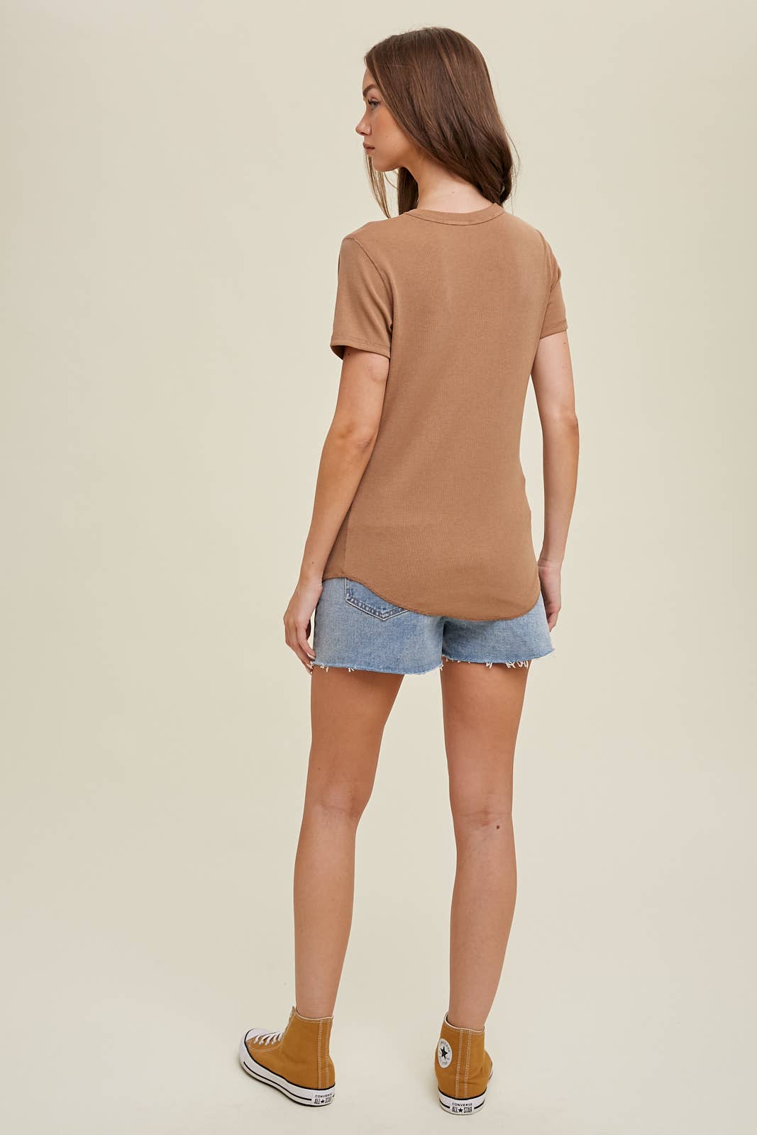 Ribbed Knit Basic T-Shirt || Camel