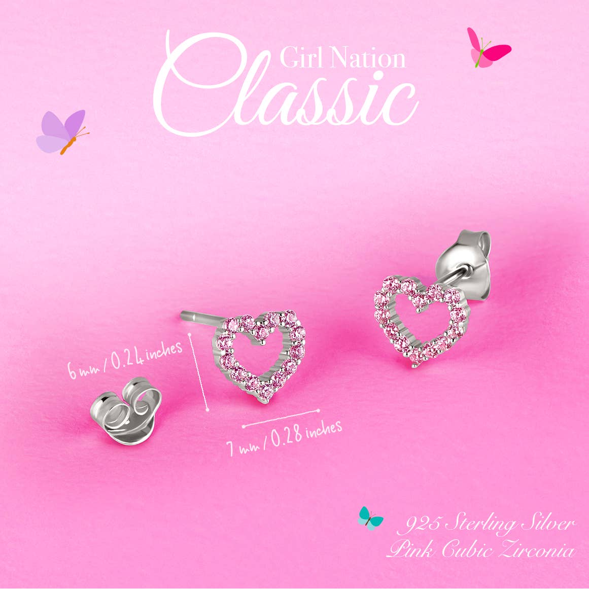 Sterling Silver Heart Earrings with Pink Cubic Zirconia