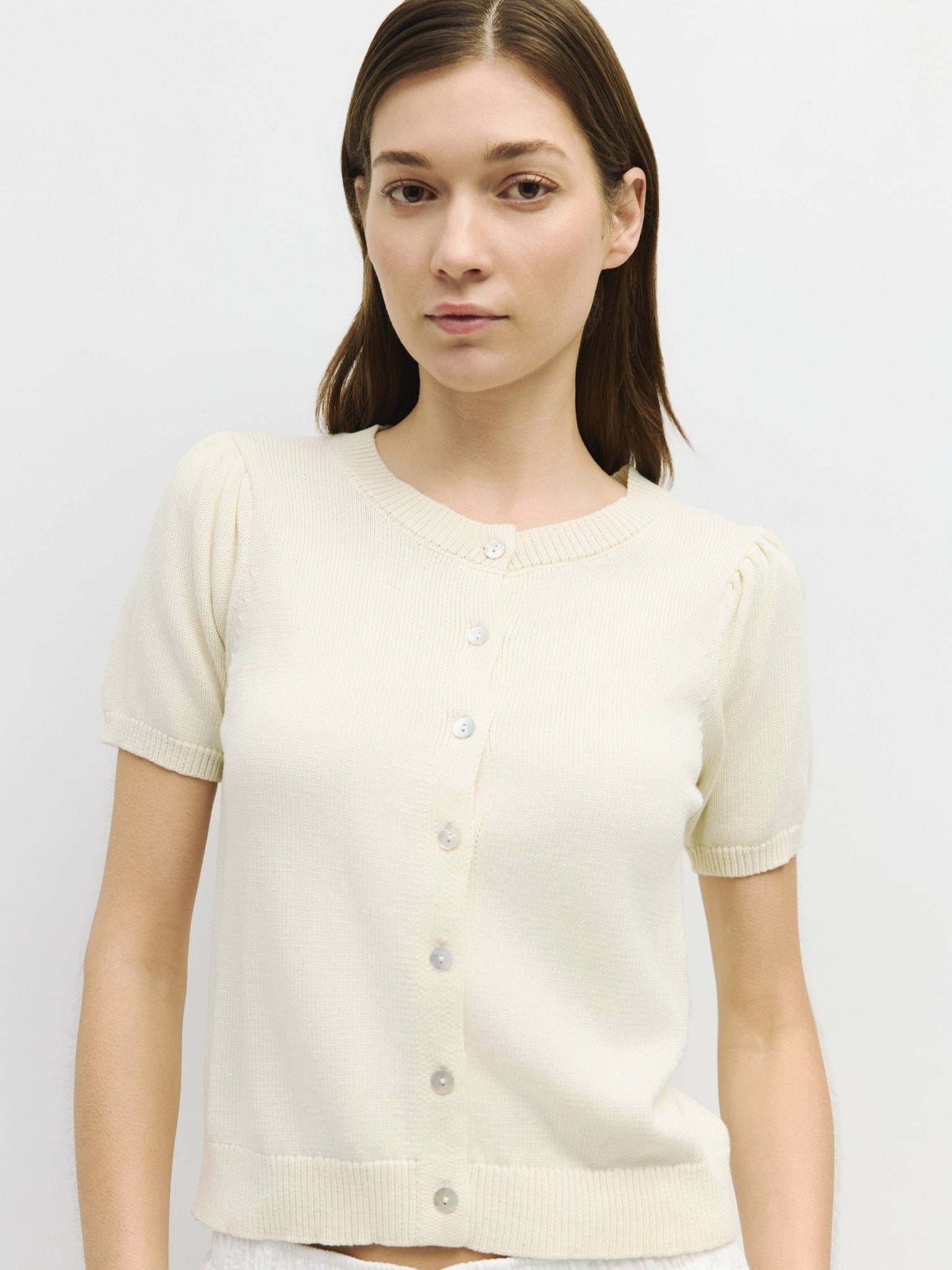 The Camden Puff Sleeve Button - Down Knit Top - Cream