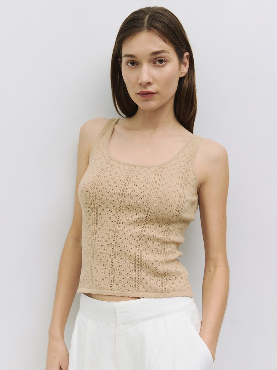 The Karis Knit Pointelle Tank Top - Beige