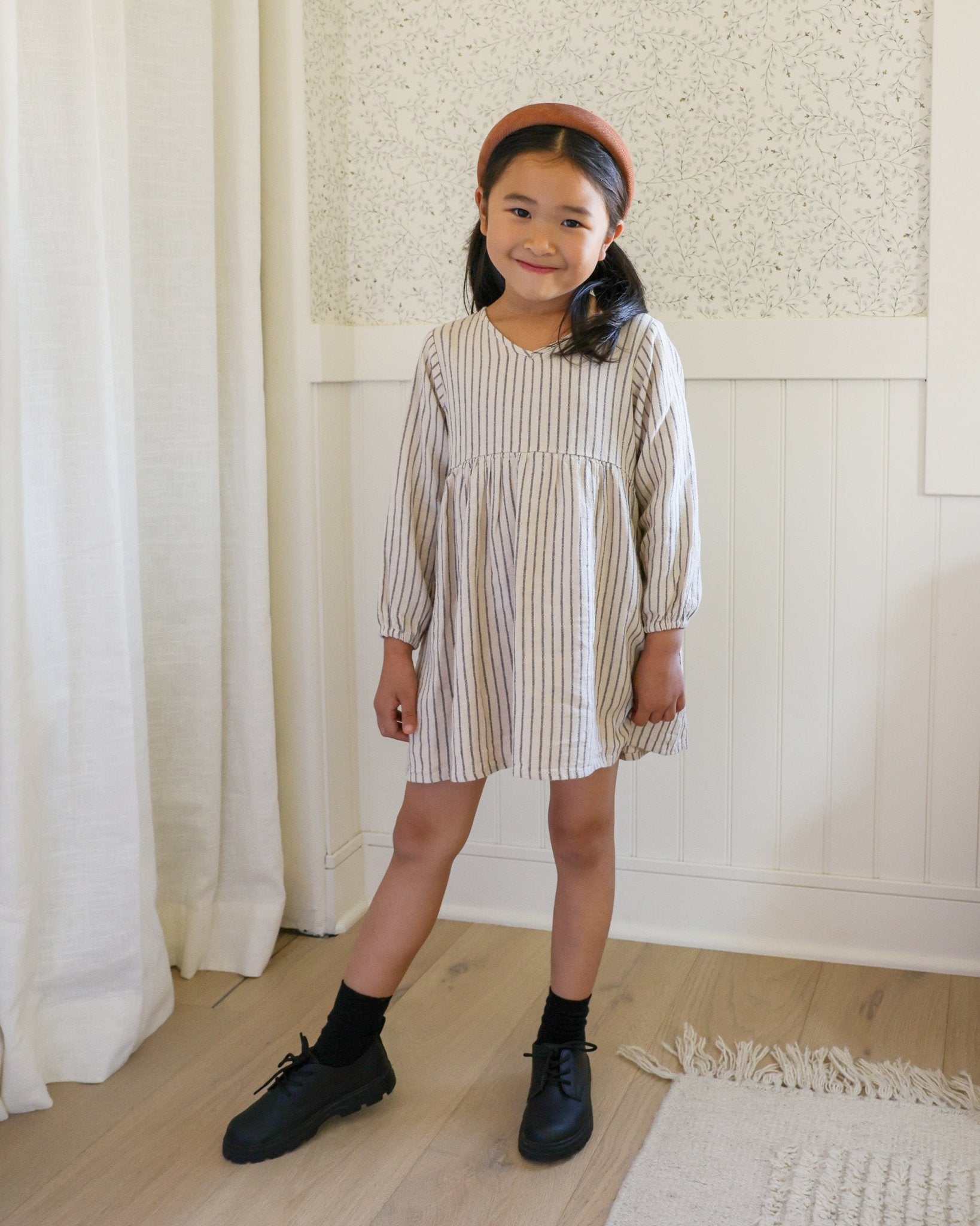 V Neck Babydoll Dress || Slate Pinstripe - LAST ONE 4/5Y