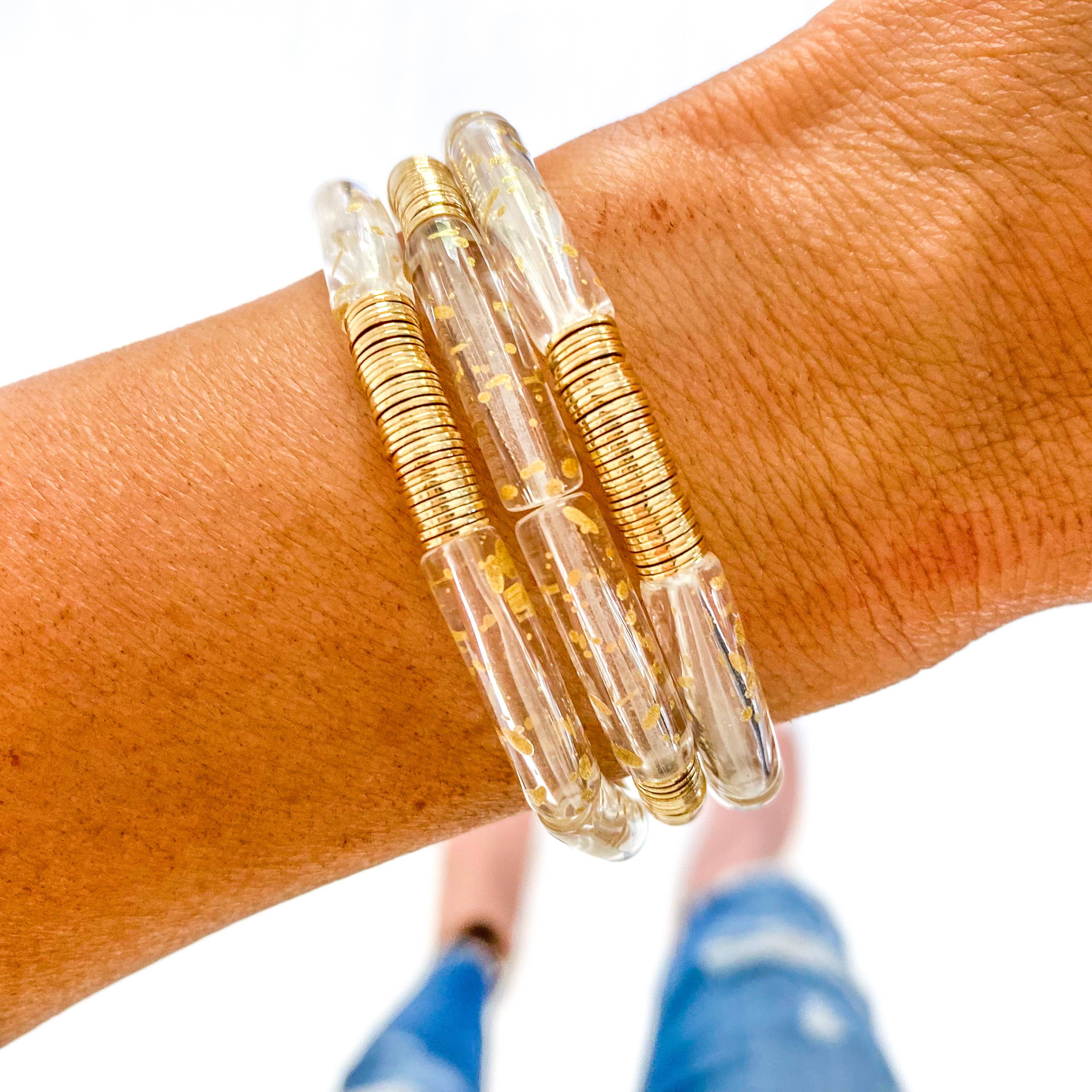 Small Clear and Gold Speckled Tube Bamboo Bracelet