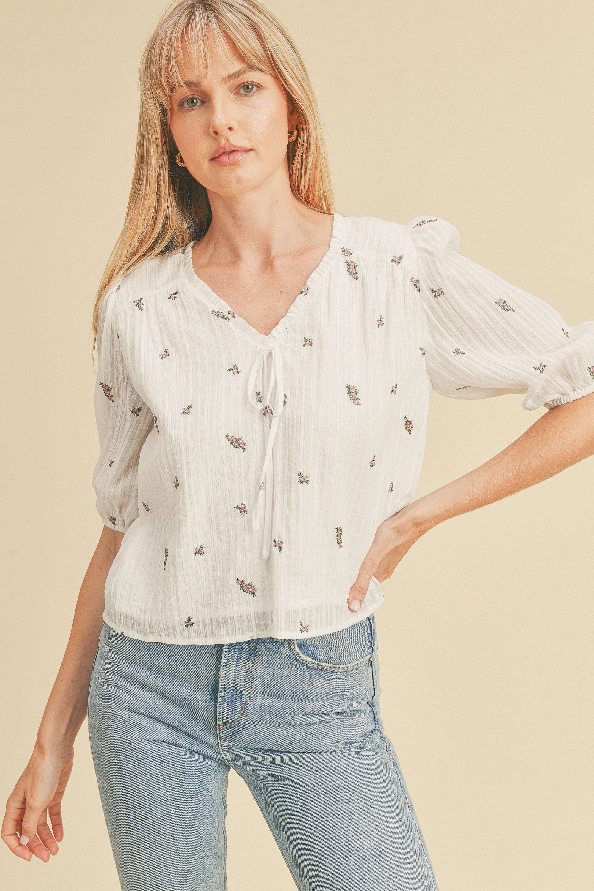 Floral Embroidered Ruffle Neck Top