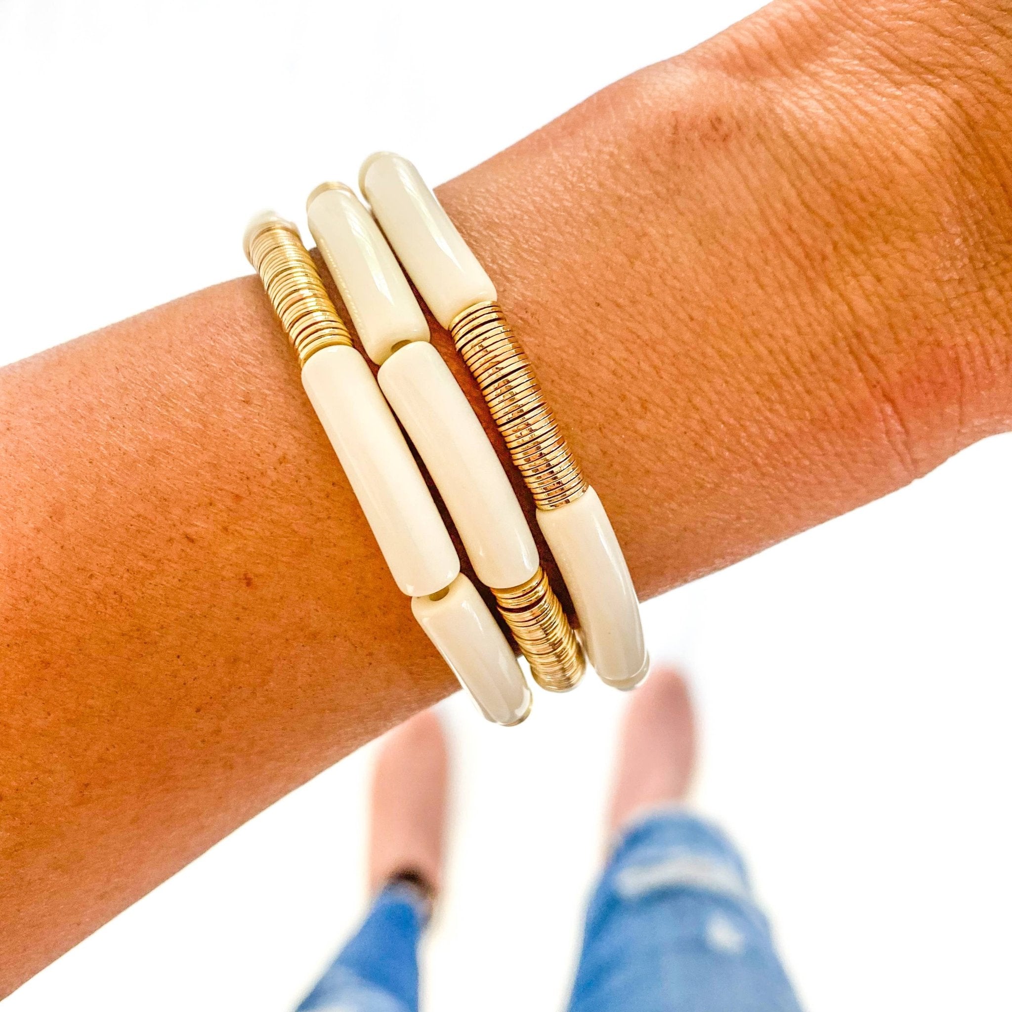 Small Neutral Acrylic Tube Bamboo Bracelet