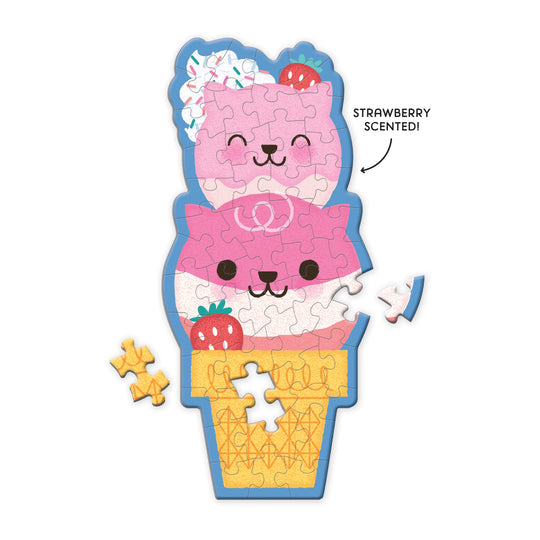 Strawberry Cat Cone 48 Piece | Scratch and Sniff Shaped Mini Puzzle