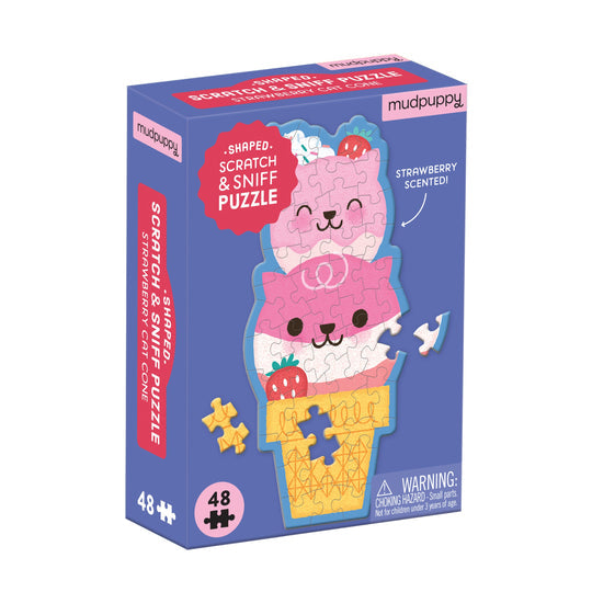 Strawberry Cat Cone 48 Piece | Scratch and Sniff Shaped Mini Puzzle